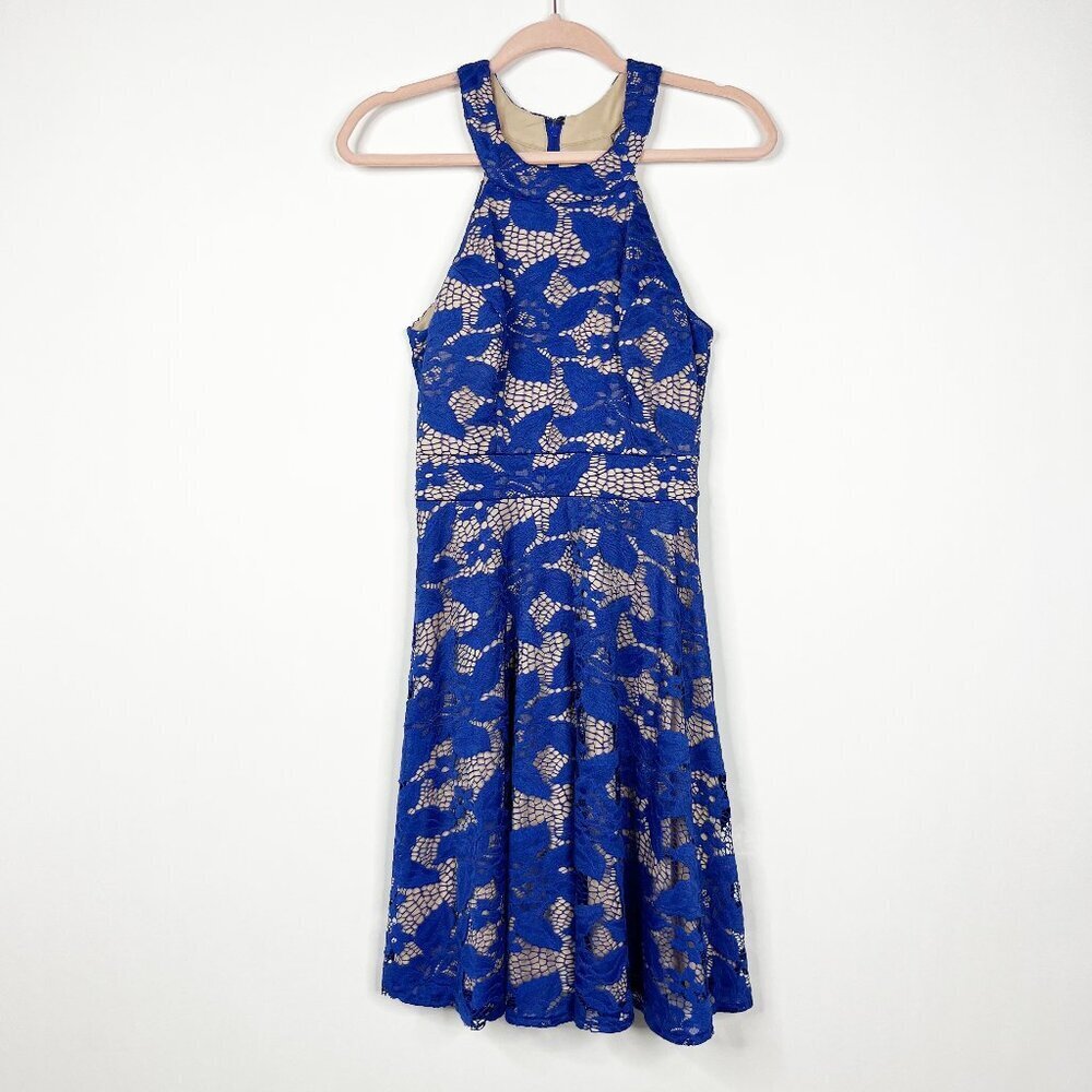 2/$30 INC Halter Neck Crochet Lace Sheath Dress Blue Nude 2 #8798